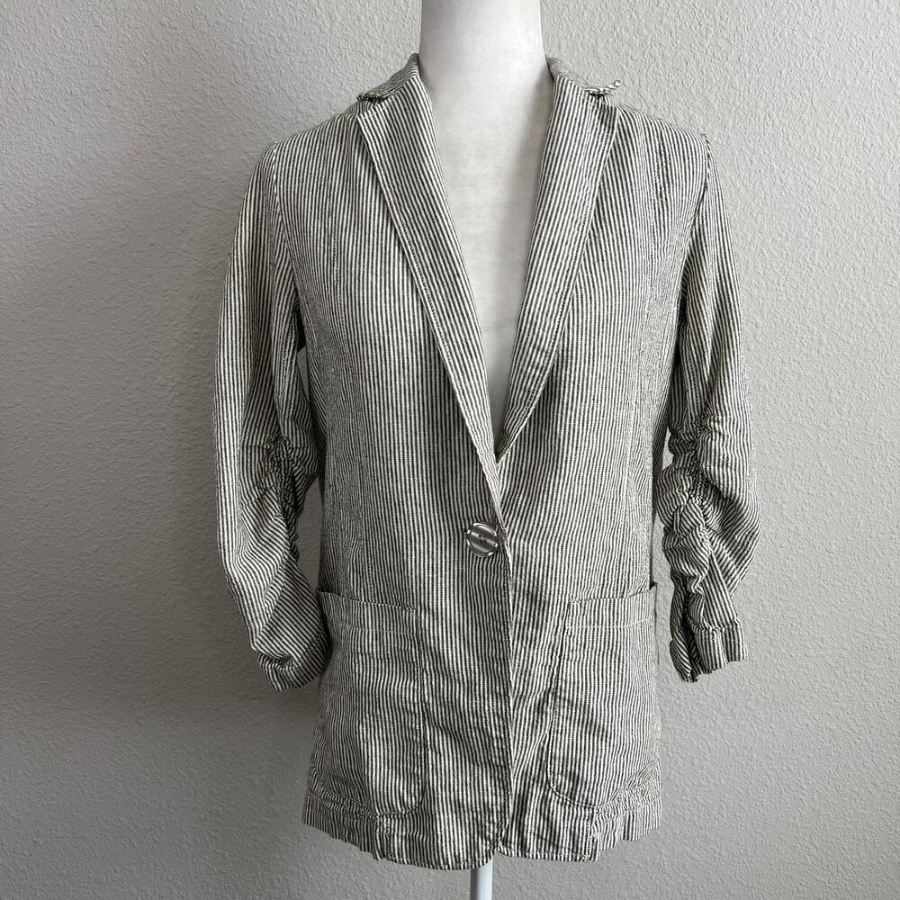 Max Studio Pinstripe Blazer Women's XS Linen Blend Oversized 3/4 Sleeve Ruched